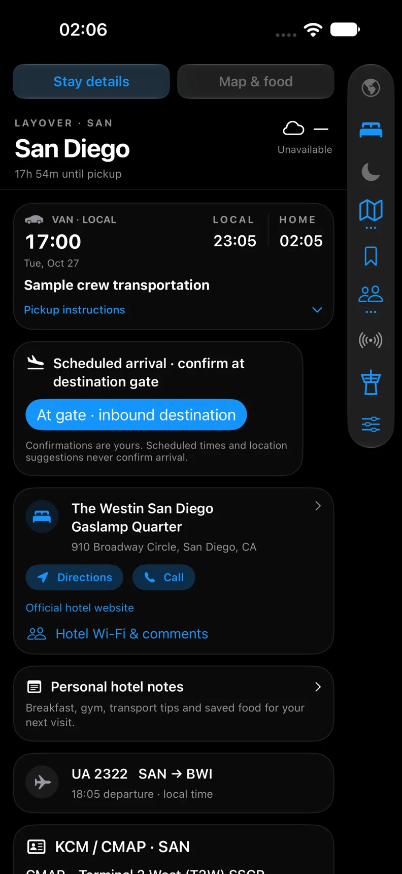 Offport’s actual stay screen with the sample hotel address, pickup details and personal hotel notes.